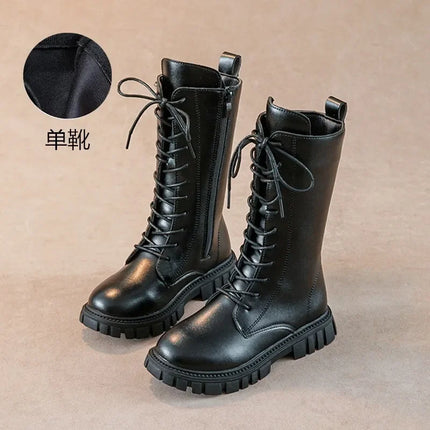 Girls' Boots Autumn Winter British Style Lace Up Long Boots Solid Color Princess Leather Boots Plus Velvet Kids Knight Boot