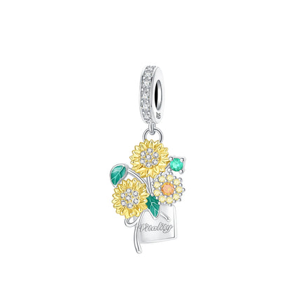 925 Silver Flowers Bouquet Rose Sunflower Blossom Petal Charms Beads Pendant Bracelet Necklace DIY Valentine's Day Gift Jewelry