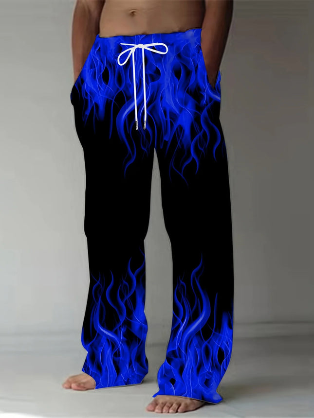 Fashion Men's Pants Casual Retro Flame Print Straight Leg Pants Summer Men'S Loose Fit Trousers With Drawstring As Gift