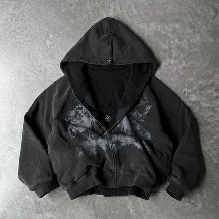 British Gothic Punk Printed Star Patch Embroidery Mens Womens Hooded Cardigan Harajuku Retro American Oversized Bat Sleeve Tops