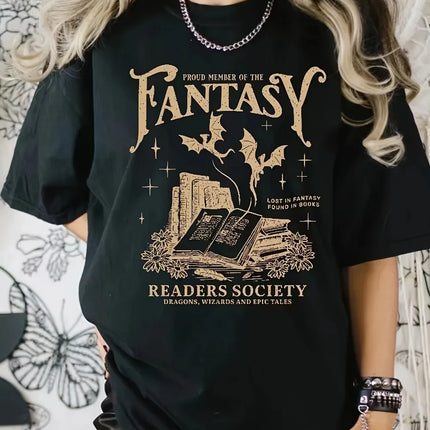 Women's Fantasy Readers Society Graphic T-Shirt Casual Round Neck Short Sleeve Tee with Slight Stretch Book Lovers Casualwear