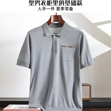 Spring and Summer New Polo Collar 100% Fine Wool Short Sleeve Men's Business Casual T-Shirt with Turn-down Collar and Pocket