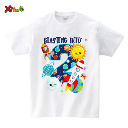 Boys Outer Space Birthday Shirts Girl Custom Outfit Rocket Children's Summer Cotton Top Clothing Set Clothes Children Clothing