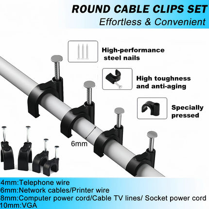 100 pcs cable clamps nail in cable clips， black round ethernet cable wall clips cable tacks coax cable clip speaker wire clips