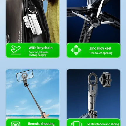 4-in-1 Magnetic Selfie Stick Tripod-Extendable Phone Stand with Detachable Wireless Remote,for Photography,Live Streaming,Travel