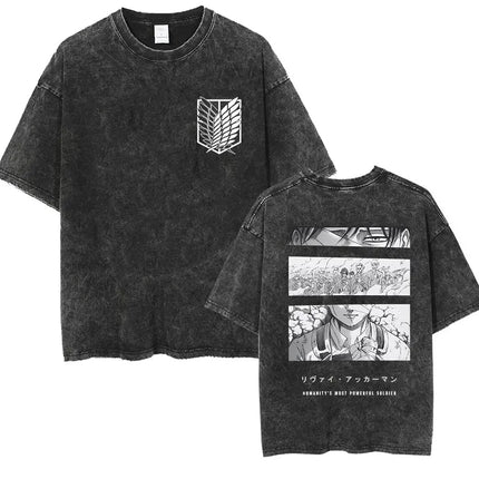 Anime Attack on Titan Vintage Washed Print T-shirt Mikasa Ackerman Eren Jaeger Wings of Freedom Logo Men's Summer Cotton T-shirts