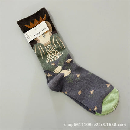 Bonne Maison French Small Batch Women's Fun Oil Painting Style Mid-Calf Cotton Dopaamine Colorful Socks Moisture Wicking Sweat