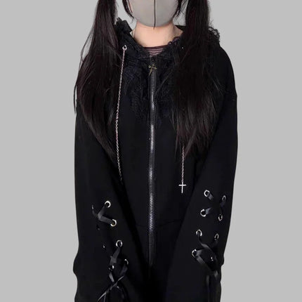 Gothic Style Hooded Zipper Cardigan Sweatshirt Women's Long Sleeve Lace Decoration Loose Lace up Jacket Summer New