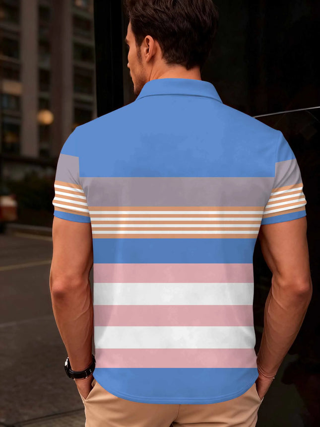 2026 Summer New Style Men's Short-Sleeved Polo Shirt with 3D Stripes Pattern Print - Street Casual Fashionable and Comfortable