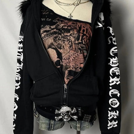 New Retro Oversized Printed Fur Collar Jacket Gothic Streetwear Skull Hoodie Y2K Women Hip Hop Harajuku Winter Hooded Sweatshirt