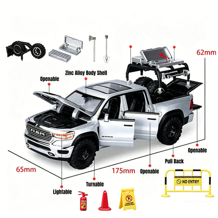 1/32 Dodge RAM 1500 Pickup Toy Car Miniature Diecast Metal Off Road Vehicle Model Pull Back Sound Light Collection Gift Boy