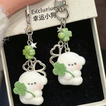 1/2pcs Cute Clover Hug Dog Pendant Keychain Lanyard Flocking Puppy Mobile Phone Straps Pendant Keyring Schoolbag Decorative