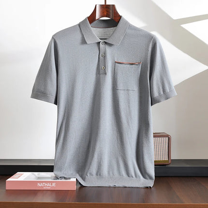 Spring and Summer New Polo Collar 100% Fine Wool Short Sleeve Men's Business Casual T-Shirt with Turn-down Collar and Pocket
