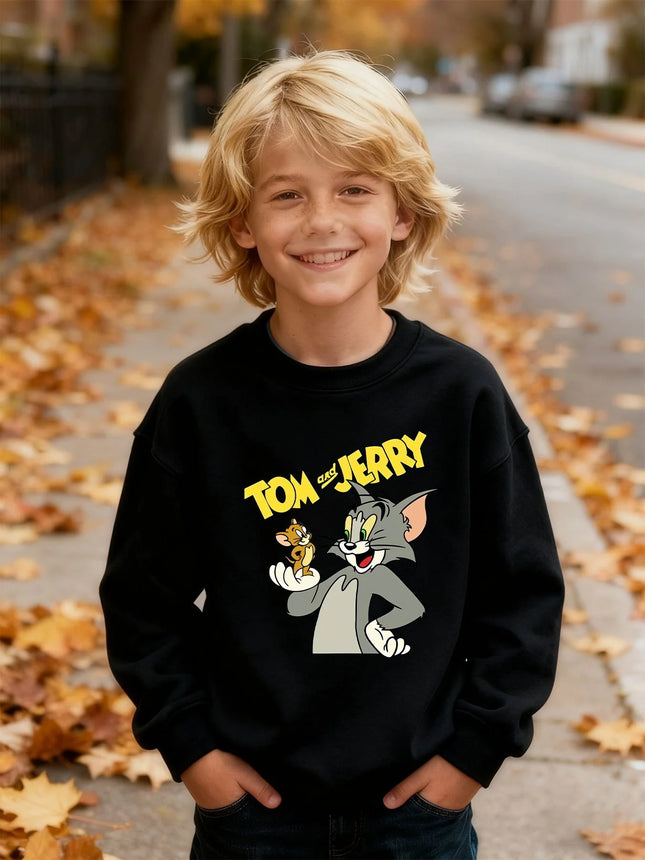 WB Tom Jerry Kids' Hoodie Cartoon Characters Machine Washable All-Season Casual Pullover for Boys Everyday Playtime Outdoor Wear