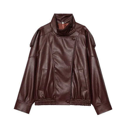 MUJER Black Faux Leather Jackets for Women Outerwears Office Women's Bomber Jacket Snap Button Demi-season Jacket for Women Coat