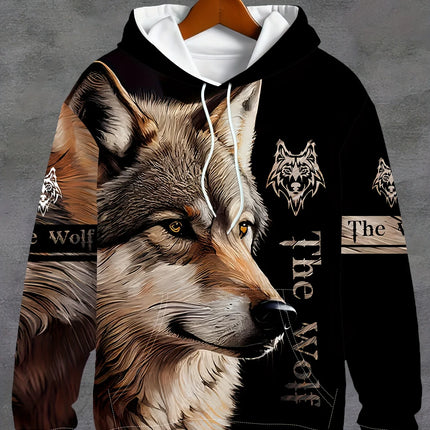 Men'S 3D White Wolf Print Hoodie, Casual Long Sleeve Pullover with Drawstring Pocket, 100% Polyester Slight Stretch Men Clothing
