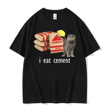 I Eat Cement Cursed Cat Funny Meme T Shirt Women's Fashion Humor Short Sleeve T Shirts Male High Quality Cotton T-shirt Tops