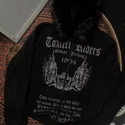 Y2K Street Retro Women Black Fur Collar Zip Up Hoodie Gothic Wing Crown Letter Print Fur Collar Trendy Hip Hop Casual Hoodie
