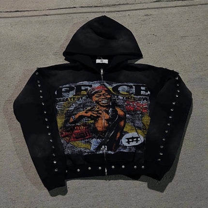 Y2K Aesthetic Pattern Print Hoodie Vintage Punk Gothic Couple Pearl Graffiti 2000s Streetwear
