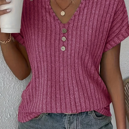 Spring/summer new solid color ribbed top V-neck button decorated elegant T-shirt ladies S-2XL