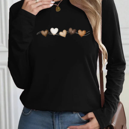 Women's Autumn and Winter 100% Pure Cotton Fashionable Casual Heart-Shaped Printed Round Neck Long-Sleeved T-Shirt Top