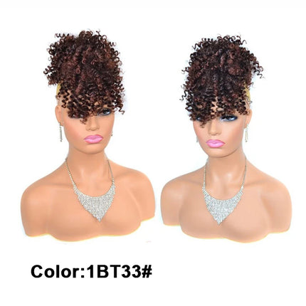 African American Synthetic Afro Puff Drawstring Ponytail Extension with Bangs Heat Resistant Soft Natural Look for Women Daily