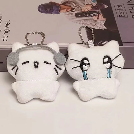 Cute Headphones Kitten Couple Keychain Mini Crying Cat Doll Plush Keyring Cartoon Bag Pendant Charms Backpack Decoration A19