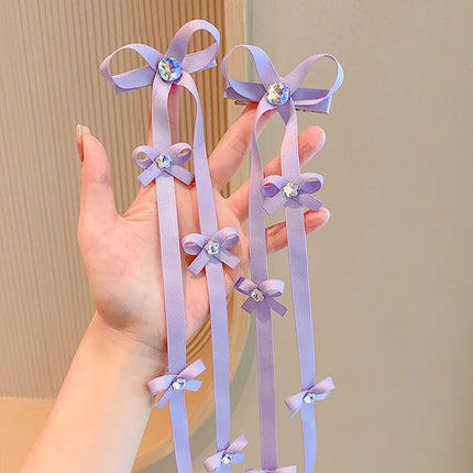 2PCS/Set Long Ribbon Bow Hair Clips for Girl Shiny Rhinestone Braided Hairband Sweet Baby Tassel Headdress Kids Hair Accessories