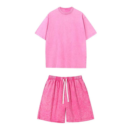 Washed and aged short-sleeved T-shirt and shorts set. Unisex. European size. Stir-fried snowflake design. Summer top set.