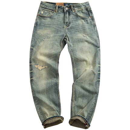 2025 Summer New American Retro Heavyweight Elastic Denim Jeans Men's Simple 93.7% Cotton Washed Old Straight Casual Patch Pants
