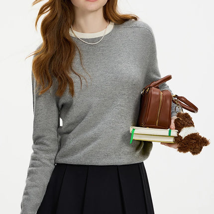 FSLE 100% Wool Seamless One-piece Knit Shirt Sweater For Women Autumn Winter New Design Wool Crew Neck Versatile Casual Sweater
