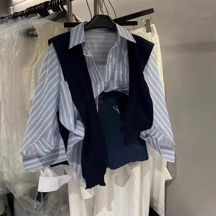 Blue Loose College Style Striped Shirt plus Shawl Two-Piece Set Women Spring Autumn New Versatile High-End Feeling Top