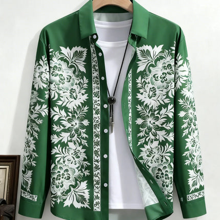 Men's New Long-sleeved Plant Vine French 3D Printed Shirt Hawaiian Beach Vacation Outdoor Party Outer Wear Xmas Shirt Dress Man