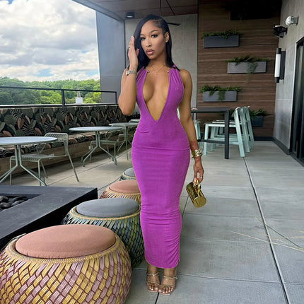 Personalized Street Nightclub Party Dress 2025 New Beach Vacation Dress Sexy Deep V-neck Metal Circle Decoration Slim Long Skirt
