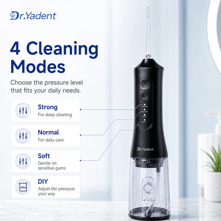 Dr.Yadent YD06 Oral Irrigator Flosser 300ML Large Capacity for Road Trips 4 Modes with DIY Pressure 7 Varies Nozzle Water Jets