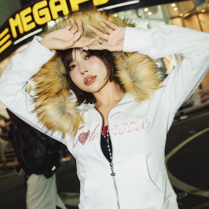 Harajuku Letter Embroidery Double Zipper Hoodie Women American Retro Fur Collar Oversized Sweatshirt Trendy Gothic Streetwear