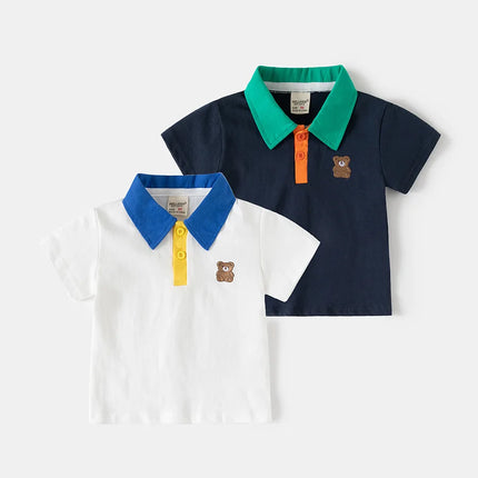 2026 Summer Boys' Polo Shirt Bear Patchwork Kids' Clothing Children's Top Wear Boys' Clothing Short Sleeve Toddler Outfits