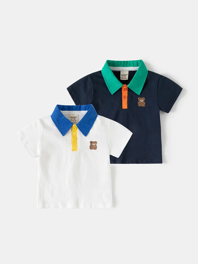 2026 Summer Boy's Polo Shirt Bear Patchwork Kids Clothes Children Top Wear Boys Clothes Short Sleeve Toddler Costumes