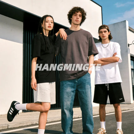 Oversize T-shirts 230GSM Cotton Couple T-Shirt High Street Short Sleeves Tee Shirt Solid Color Casual Loose Basic Streetwear Top