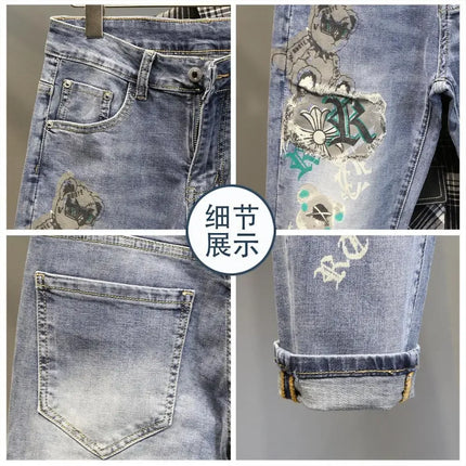 New 2025 Men's Casual Slim Jeans for Spring Autumn with Bear Print Pencil Pants Style Luxury Clothing Cowboy Streetwear Pants