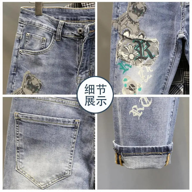 New 2025 Men's Casual Slim Jeans for Spring Autumn with Bear Print Pencil Pants Style Luxury Clothing Cowboy Streetwear Pants