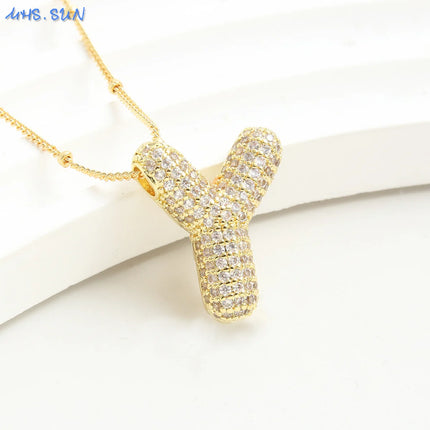 SUNSLL Cubic Zircon A-Z 26 Bubble Letter Necklace 2 Sizes Gold Plated M Chunky Balloon Initials Pendant Women Chain Jewelry 2024