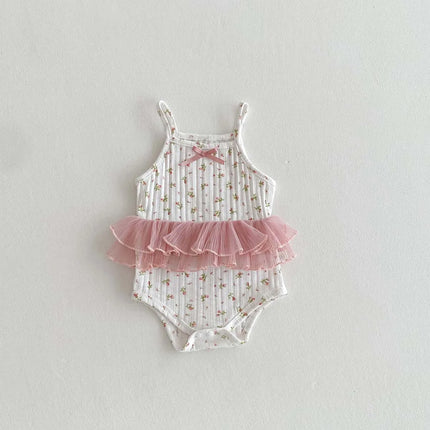 INS Summer Baby Girl Floral Lace Stitching Lace Bow Sling Triangle Jumpsuit for Toddlers and Baby Girls Summer Outdoor Wear