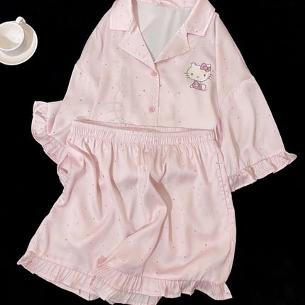 Kawaii Hello Kitty Pajamas Set Sanrio Anime Summer Women Pink polka dots Sleepwear Shorts Cartoon Soft Comfortable Home Clothing