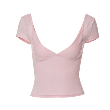 Lamuusaa y2k Tops Women Summer Clothes Sweet Solid Color V Neck Short Sleeve T Shirts Tanks 2000s Aesthetic Tees Streetwear