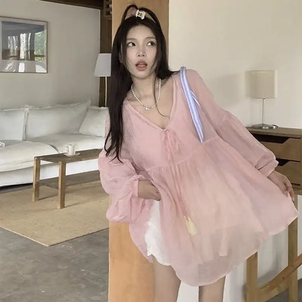 Korean Version V-neck Long Sleeved Shirt for Women's Spring 2024 New Loose Medium Long Sun Protection Shirt Top Two-piece Set