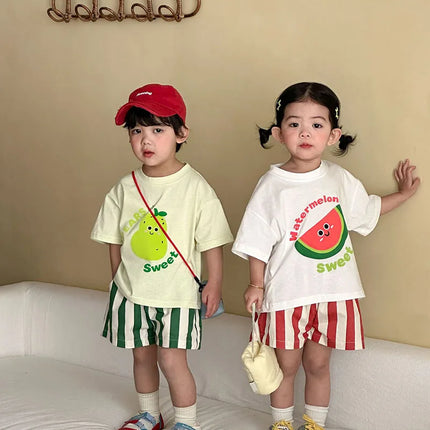 MILANCEL New Summer Kids Clothes Set 1-9T Girls Cartoon T-shirt+Striped Shorts Cotton Loose Boys Tee Suit Children Outfit 2PCS
