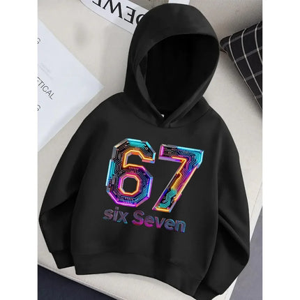 Spring kids Cyber Circuit Board Digital "67" Printed Dazzling Tech-Savvy Black Children's Hoodies Casual Boys Hooded Sweatshirt