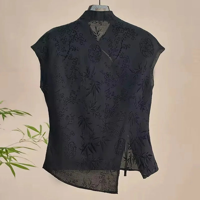 Retro Thin Shirt New Chinese Style Slanting Lapel Cheongsam Top 2025 Summer Black Jacquard Short Sleeve T-shirt Women's Clothing