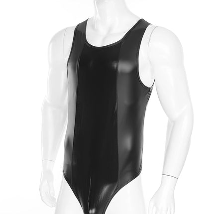 Mens Wet Look Faux Leather Tank Leotard Glossy Sleeveless High Cut Bulge Pouch Bodysuit Latex Wrestling Singlet Clubwear